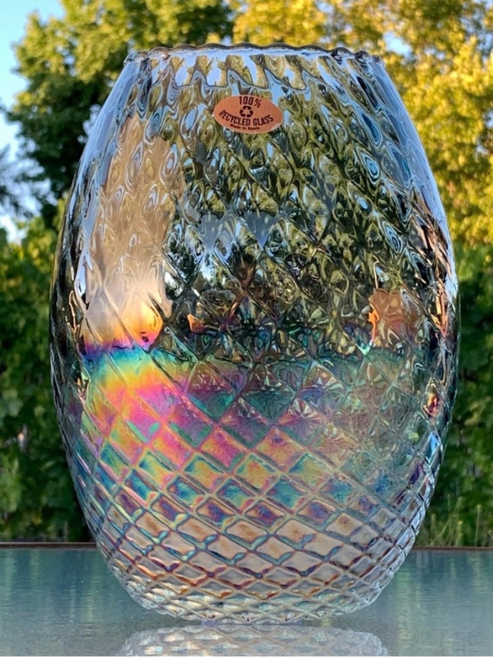 Spanish Iridescent Embossed Diamond Pattern Recycled Glass Large Table Vase